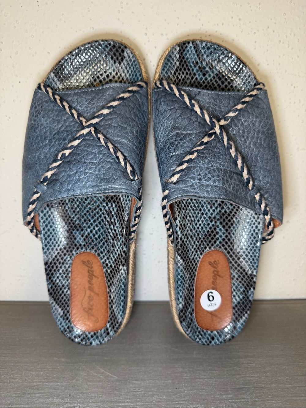 Free People Blue Leather Snakeskin Espadrille Platform Sandals Size 9 Spain - Picture 4 of 11